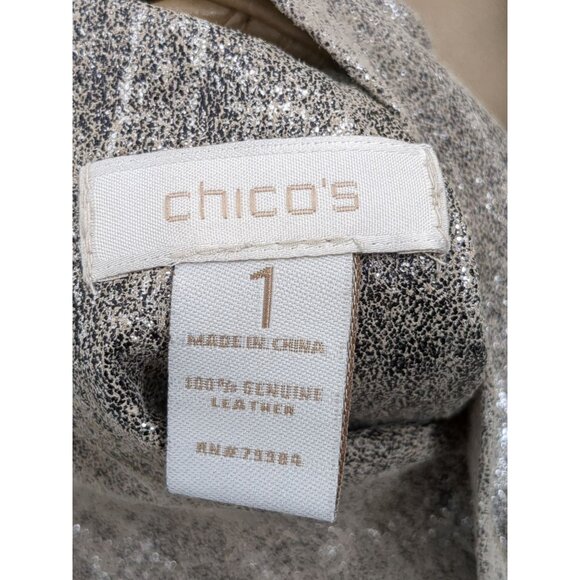Chicos Reversible Leather Jacket Size 1 M Tan Silver Metallic Travel Full Zip - Picture 8 of 11